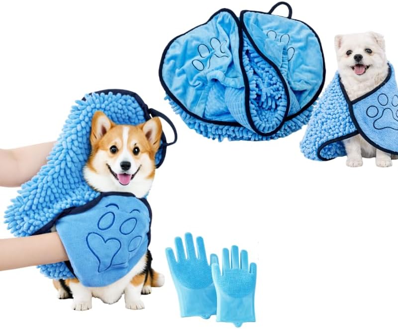 gemxtkg Super Absorbent Dog Bath Towel & Grooming Glove Set – Soft Chenille Dog Drying Towel for Small Dogs & Puppies, Quick Dry, Machine Washable, Non-Toxic, Blue - Image 1